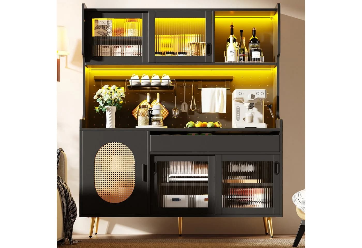 Odikalo Küchenbuffet Landhausstil Schwarz mit LED & Fluted Glas