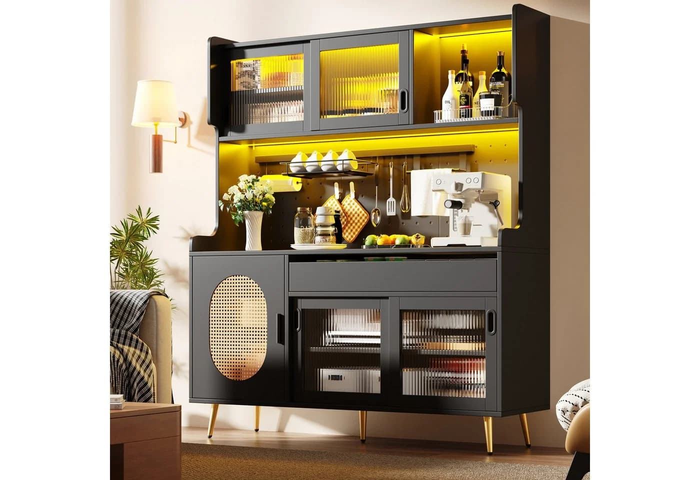 Odikalo Küchenbuffet Landhausstil Schwarz mit LED & Fluted Glas - Bild 2