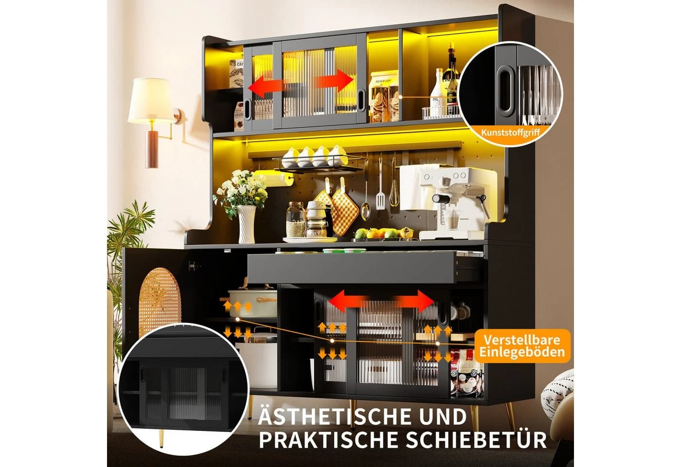 Odikalo Küchenbuffet Landhausstil Schwarz mit LED & Fluted Glas - Bild 3