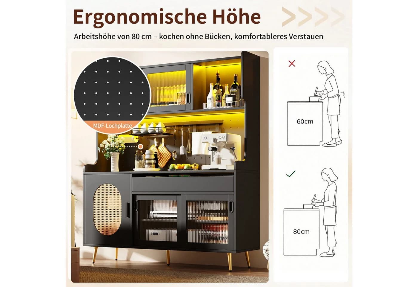 Odikalo Küchenbuffet Landhausstil Schwarz mit LED & Fluted Glas - Bild 4