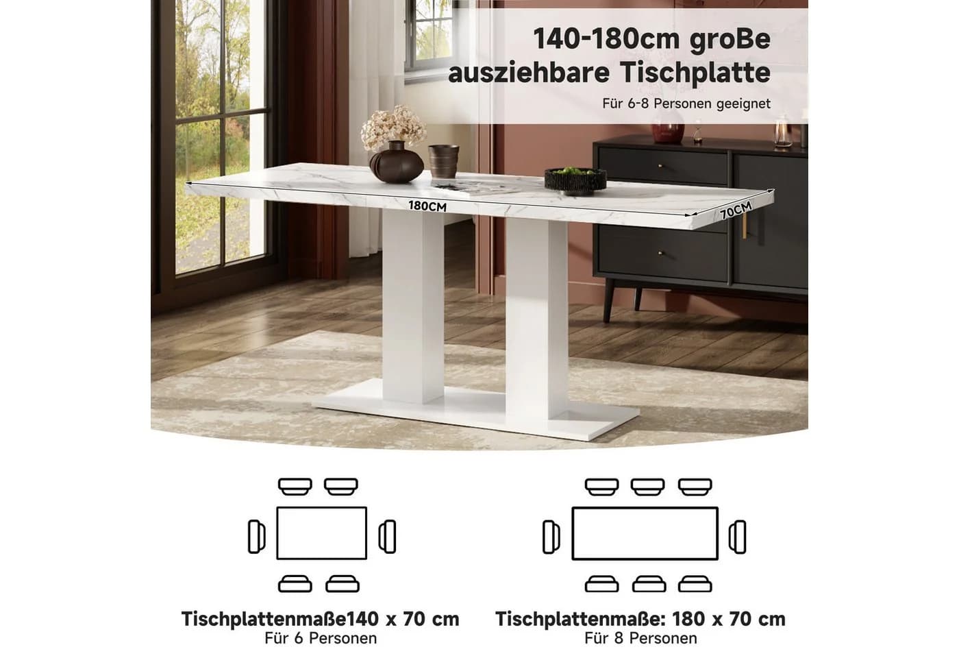 Odikalo Ausziehbarer Esstisch Weiß MDF Modern - Bild 3