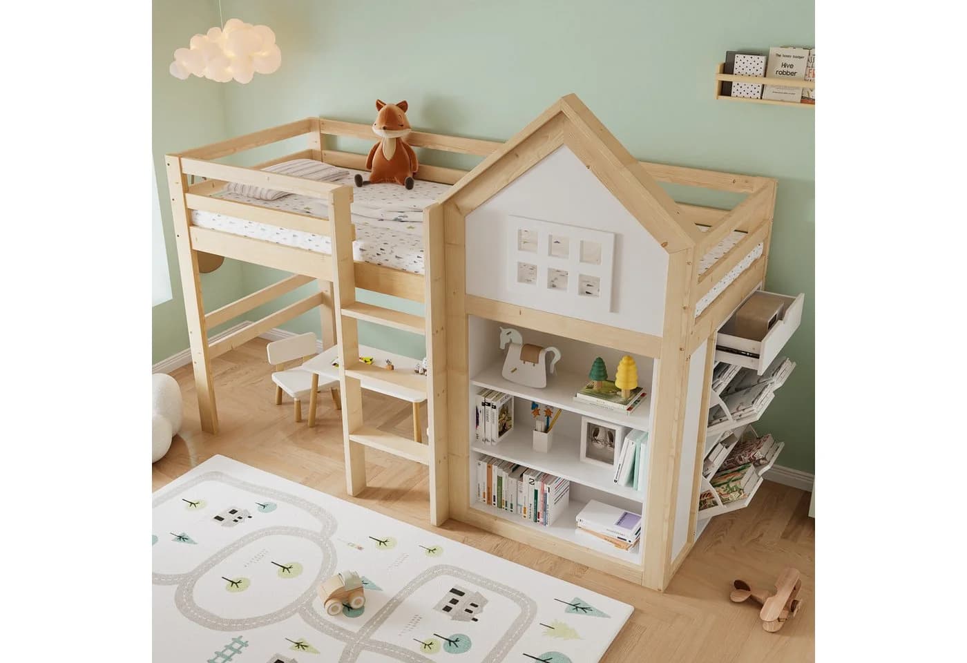 Odikalo Hochbett Kinderbett mit Stauraum und Sicherheitsgeländer