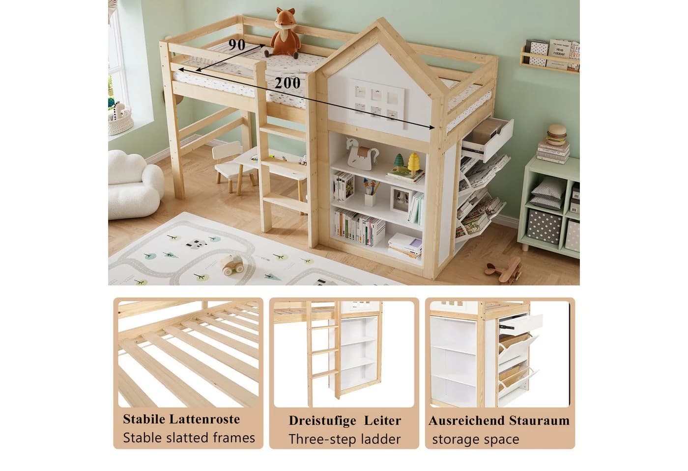 Odikalo Hochbett Kinderbett mit Stauraum und Sicherheitsgeländer - Bild 4