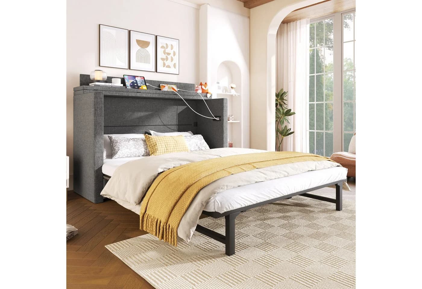 Odikalo Schrankbett Polsterbett 140x200 mit USB und Schublade Beige