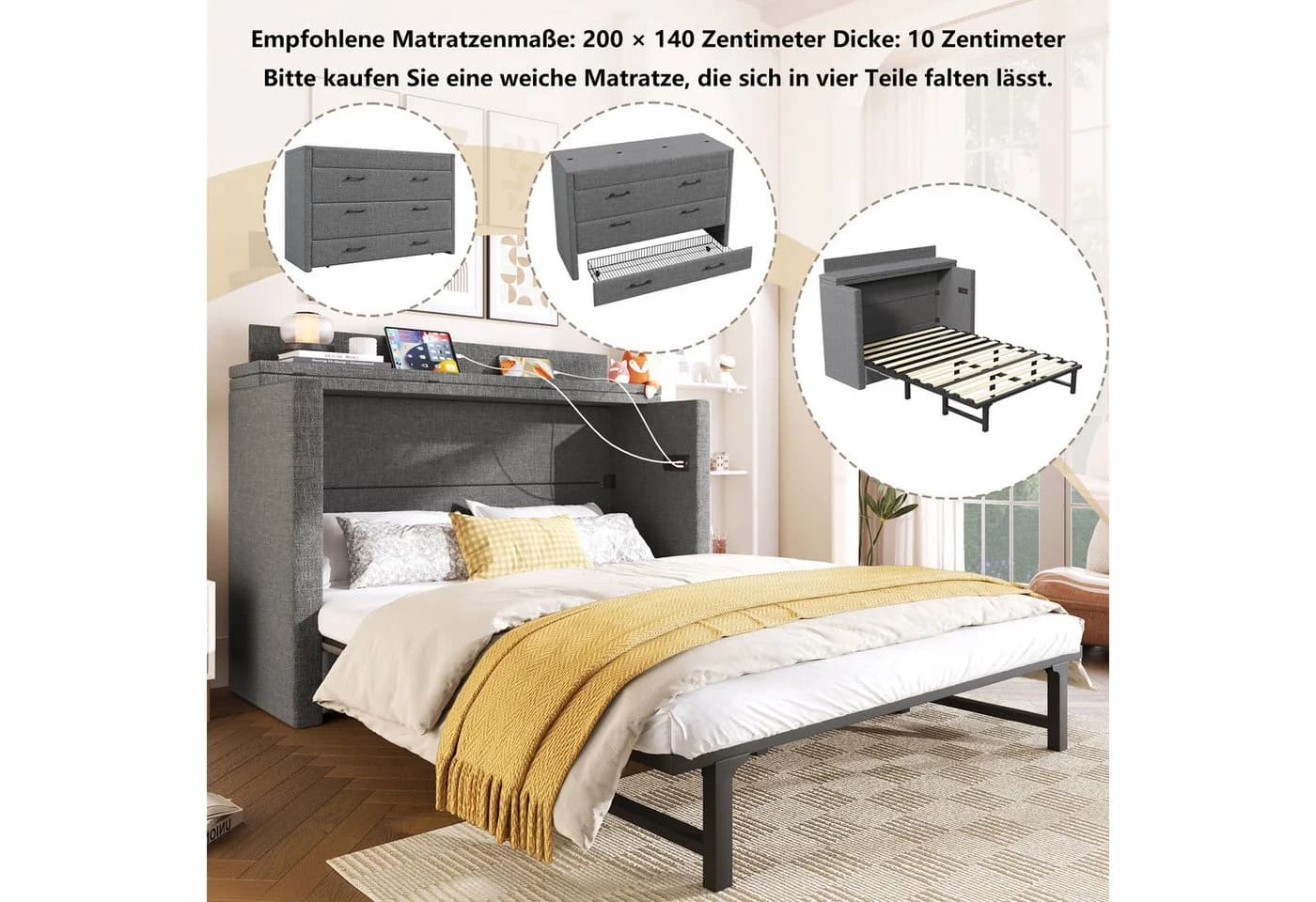 Odikalo Schrankbett Polsterbett 140x200 mit USB und Schublade Beige - Bild 3