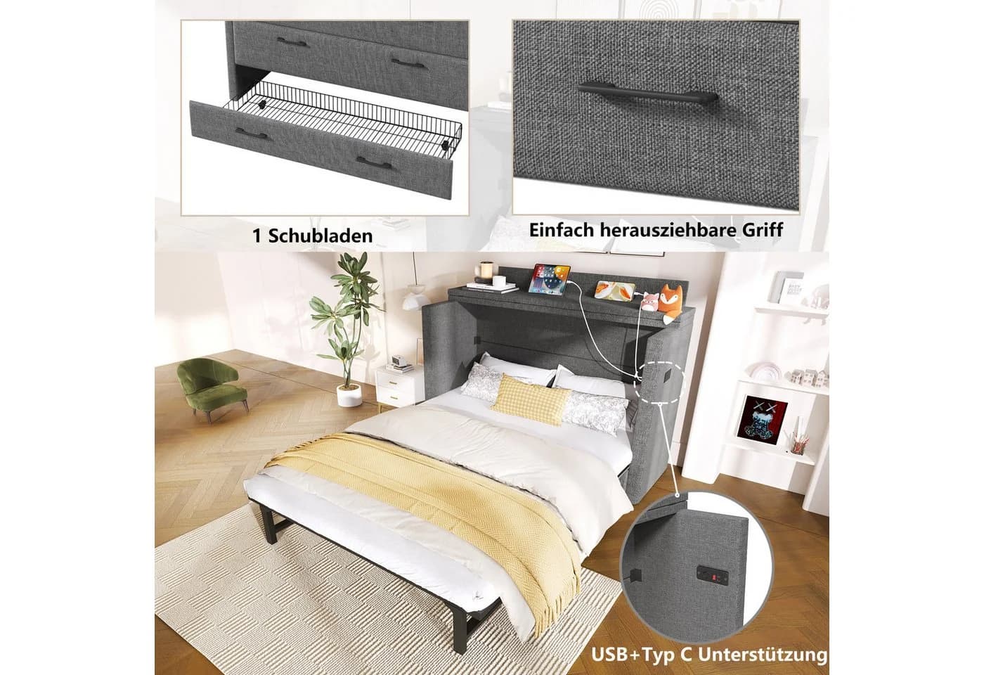 Odikalo Schrankbett Polsterbett 140x200 mit USB und Schublade Beige - Bild 4