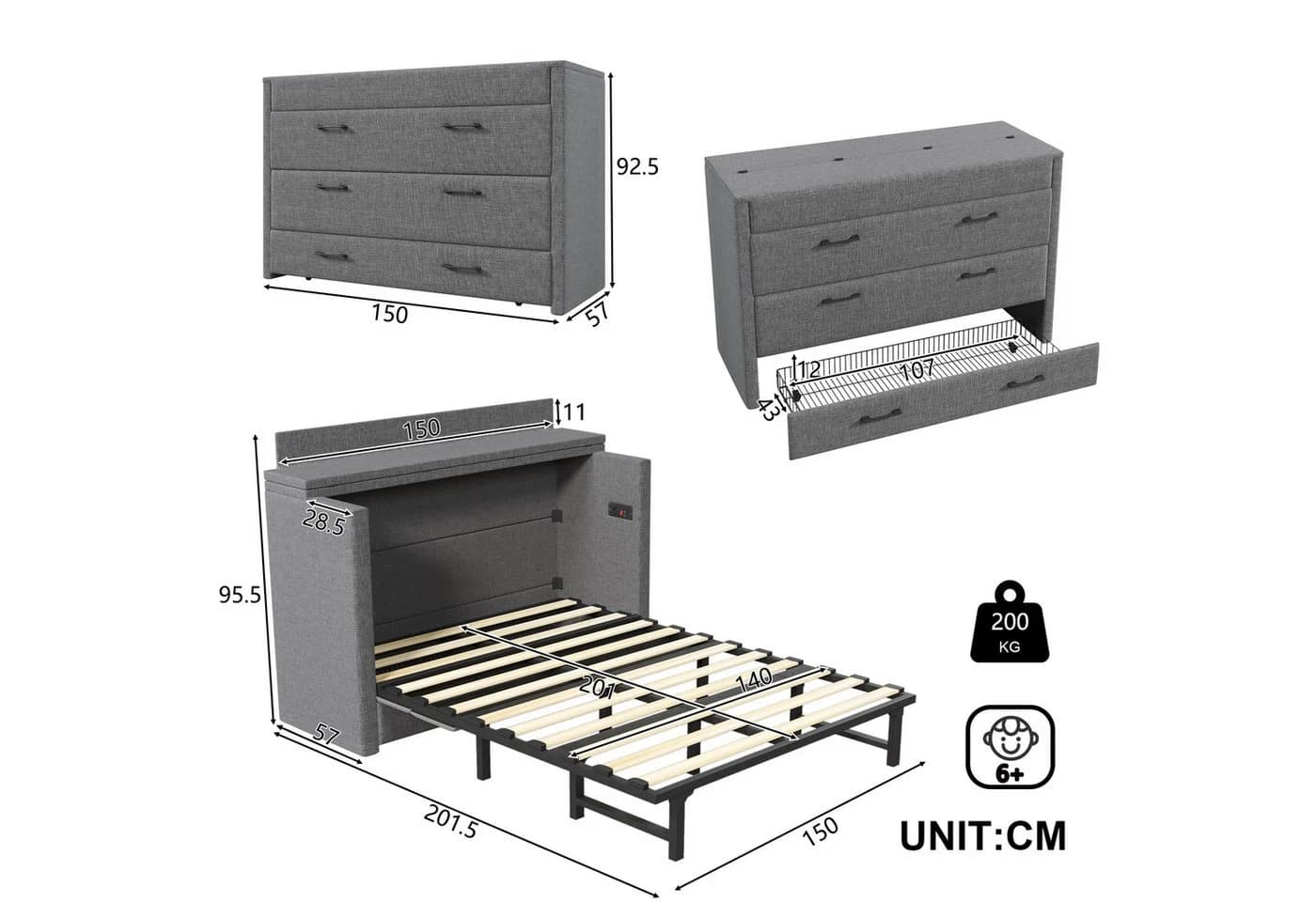 Odikalo Schrankbett Polsterbett 140x200 mit USB und Schublade Beige - Bild 5