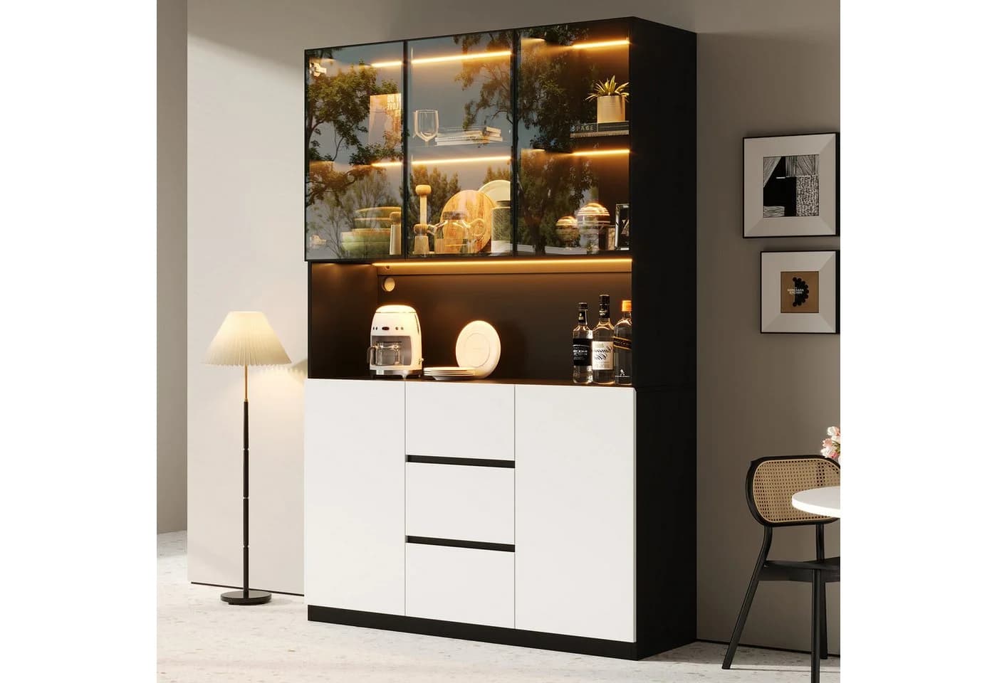 Odikalo Vitrine mit LED & Glastür Weiß/Schwarz