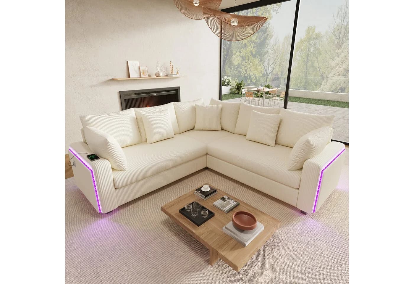 Odikalo Ecksofa mit Schlaffunktion, LED & USB, Cordstoff Beige - Bild 2