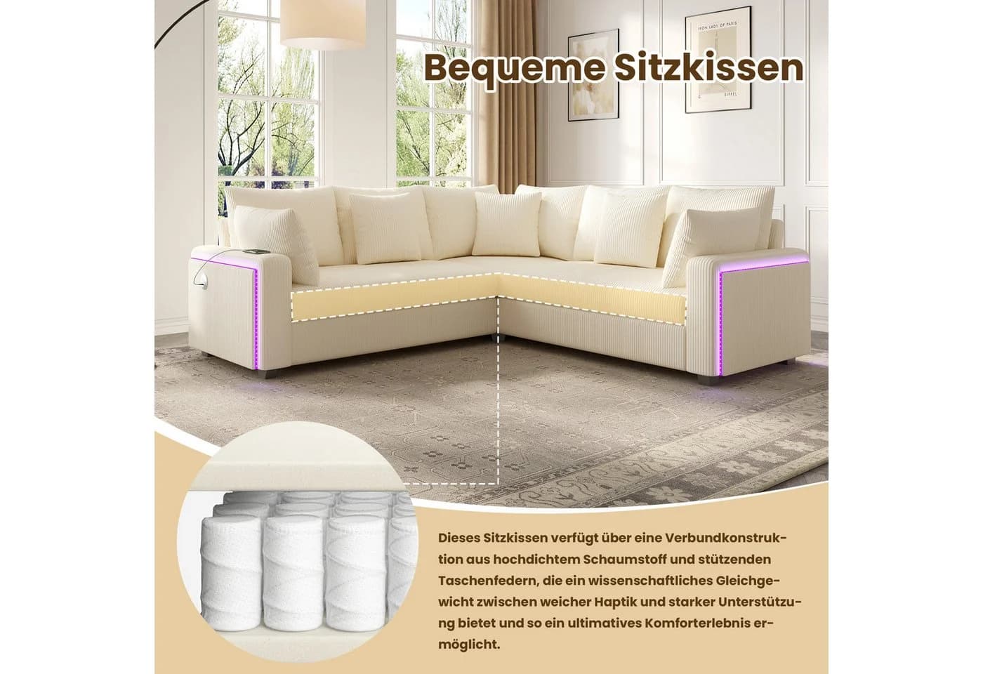 Odikalo Ecksofa mit Schlaffunktion, LED & USB, Cordstoff Beige - Bild 3