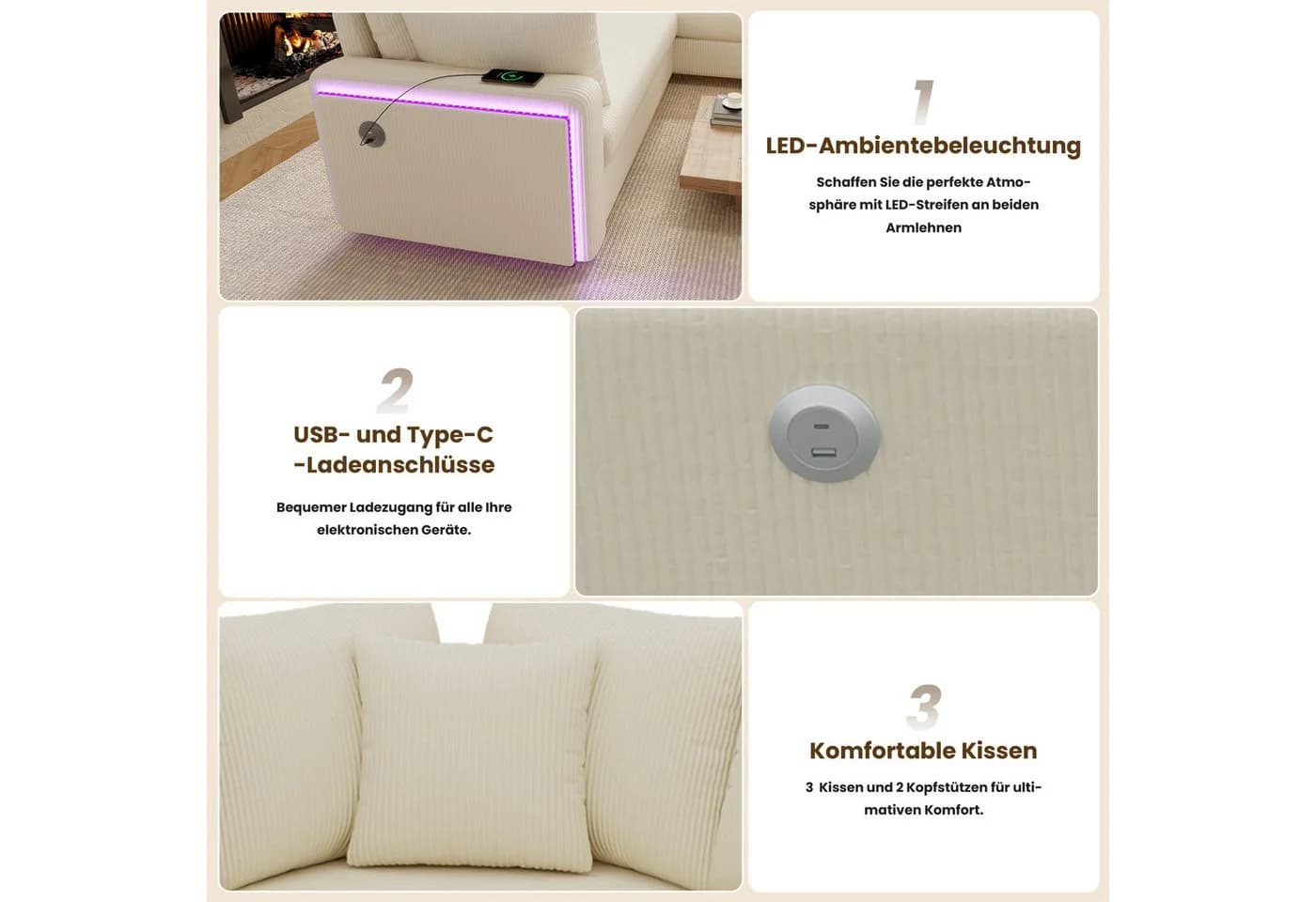Odikalo Ecksofa mit Schlaffunktion, LED & USB, Cordstoff Beige - Bild 4