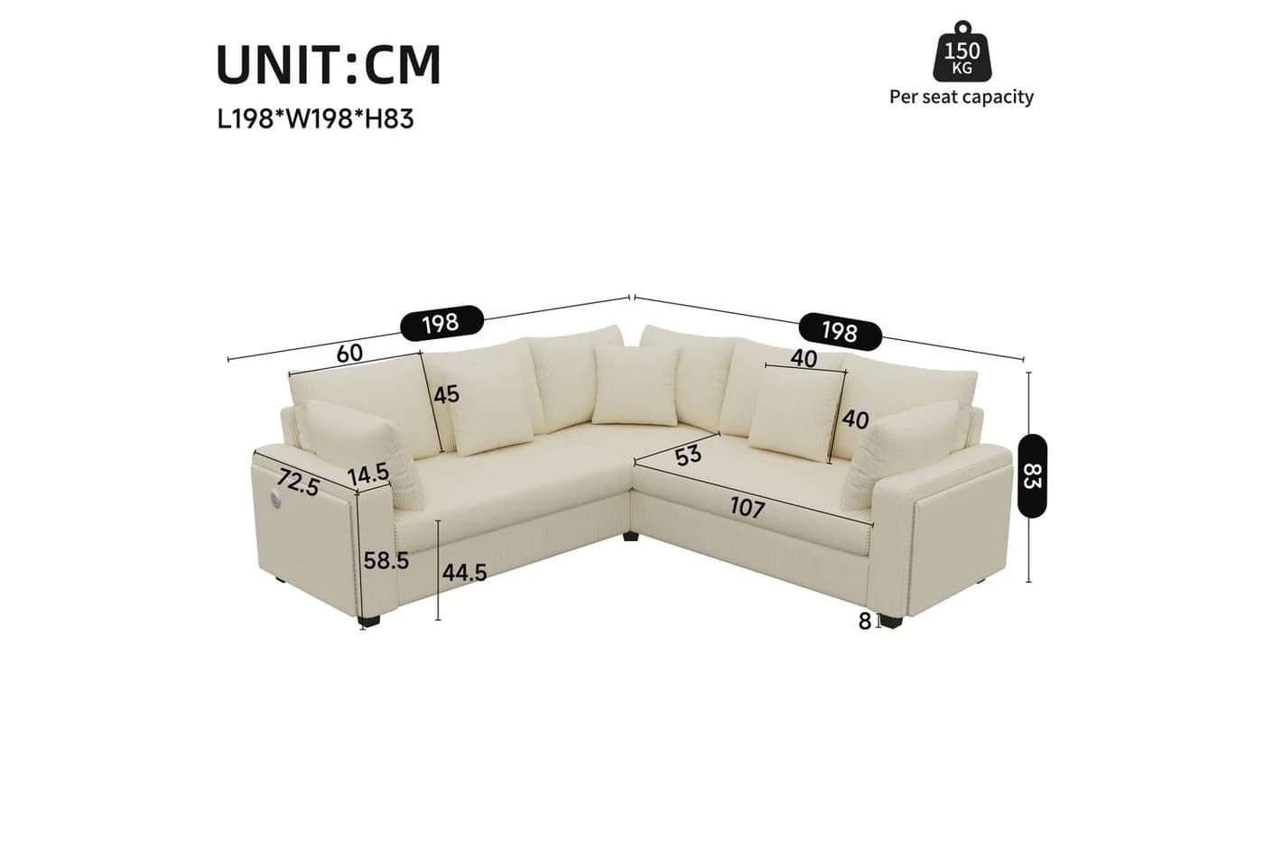 Odikalo Ecksofa mit Schlaffunktion, LED & USB, Cordstoff Beige - Bild 5