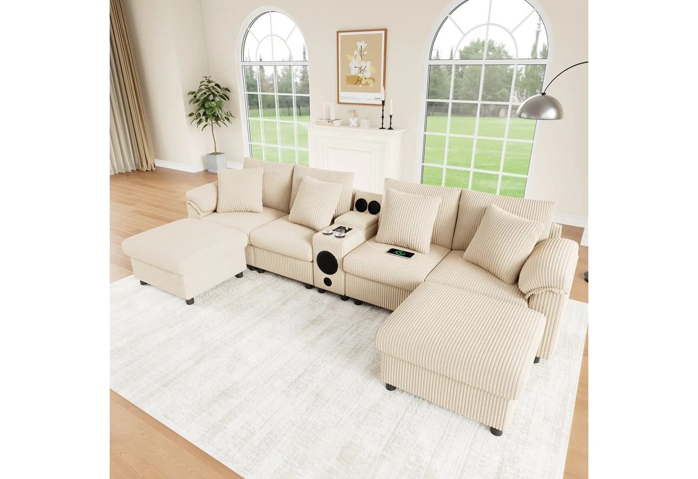 Odikalo Modulares Cord-Sofa mit Bluetooth-Lautsprecher und Medienkonsole Beige