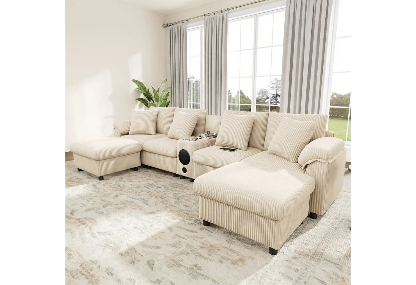 Odikalo Modulares Cord-Sofa mit Bluetooth-Lautsprecher und Medienkonsole Beige - Bild 2