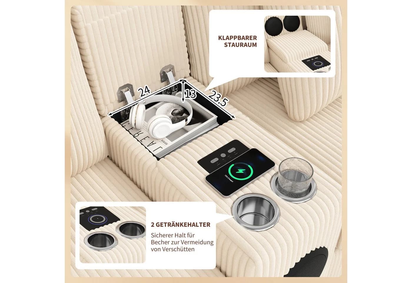 Odikalo Modulares Cord-Sofa mit Bluetooth-Lautsprecher und Medienkonsole Beige - Bild 4