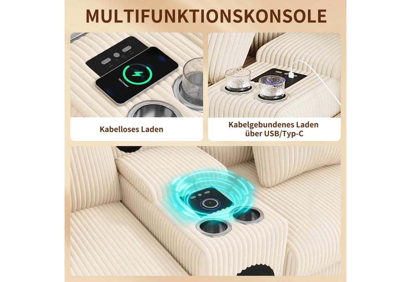 Odikalo Modulares Cord-Sofa mit Bluetooth-Lautsprecher und Medienkonsole Beige - Bild 5