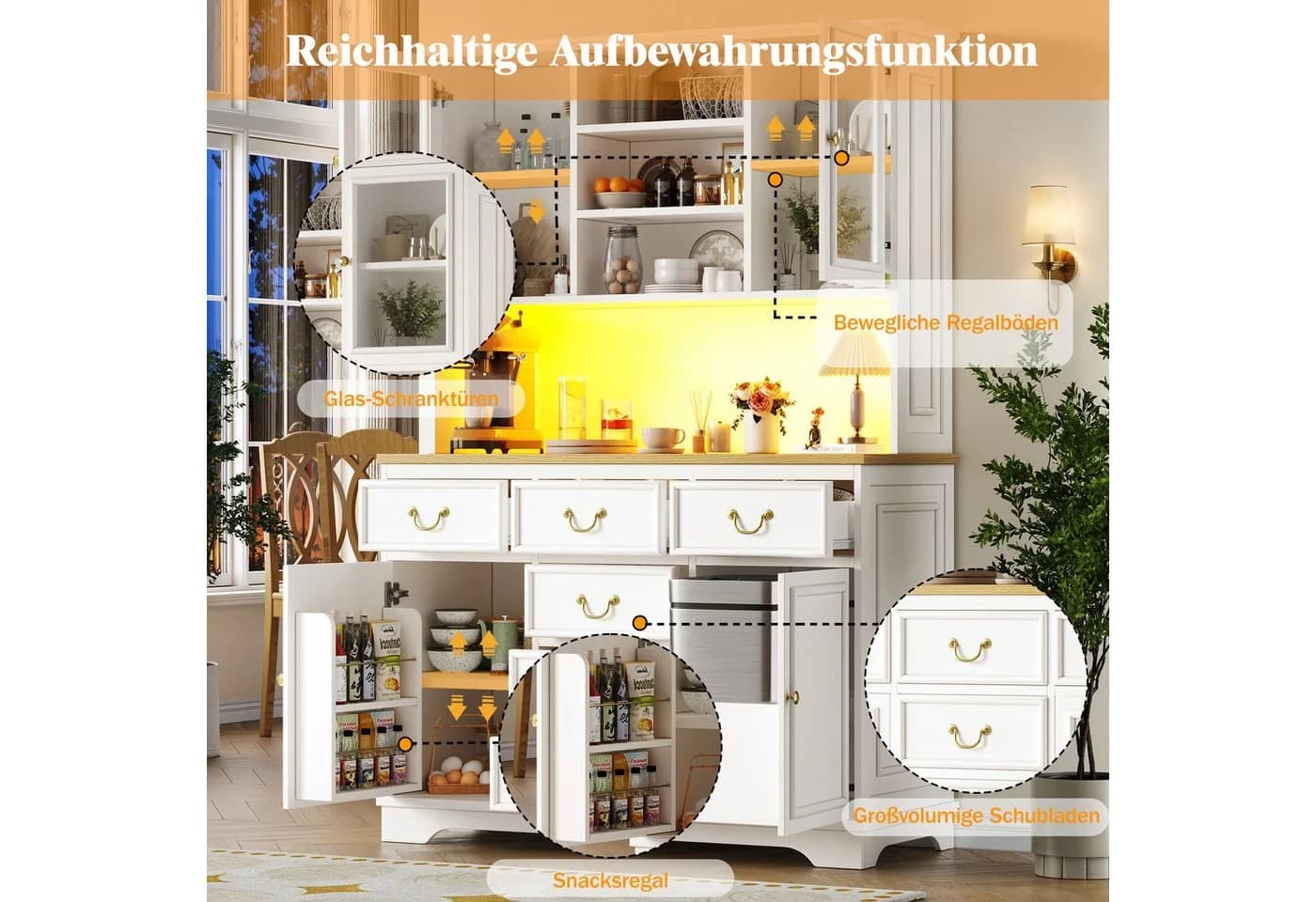 Odikalo Küchenbuffet Weiß mit LED, USB & Steckdosen - Bild 4