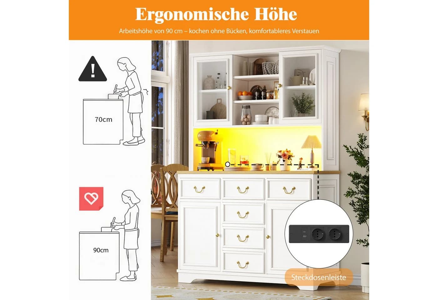 Odikalo Küchenbuffet Weiß mit LED, USB & Steckdosen - Bild 5