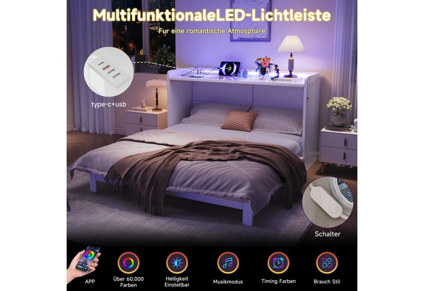 Odikalo Schrankbett 140x200 Weiß mit LED, USB & Schubladen - Bild 3