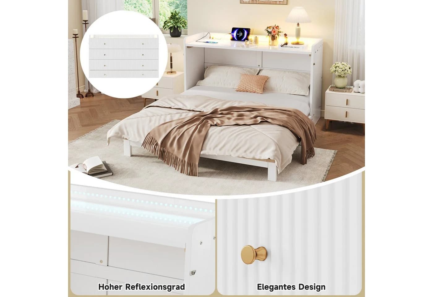 Odikalo Schrankbett 140x200 Weiß mit LED, USB & Schubladen - Bild 4