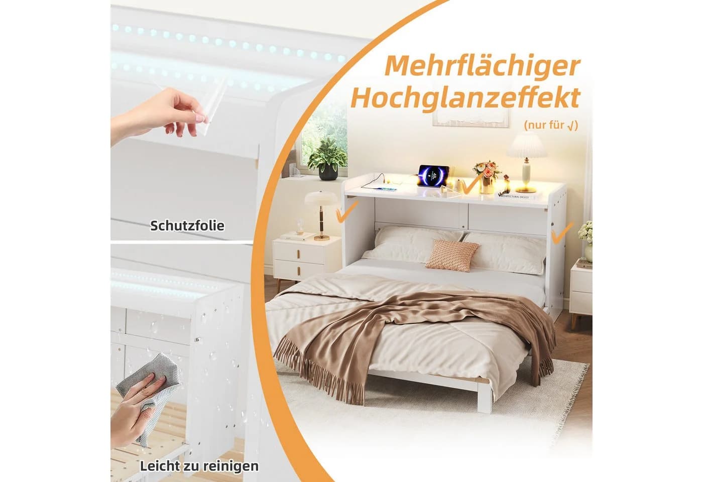 Odikalo Schrankbett 140x200 Weiß mit LED, USB & Schubladen - Bild 5