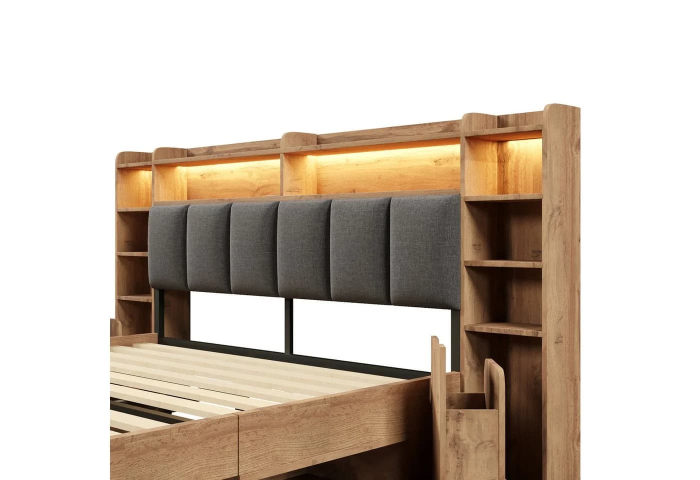Odikalo Holzbett Doppelbett mit LED, USB-Anschlüssen & Stauraum - Bild 4
