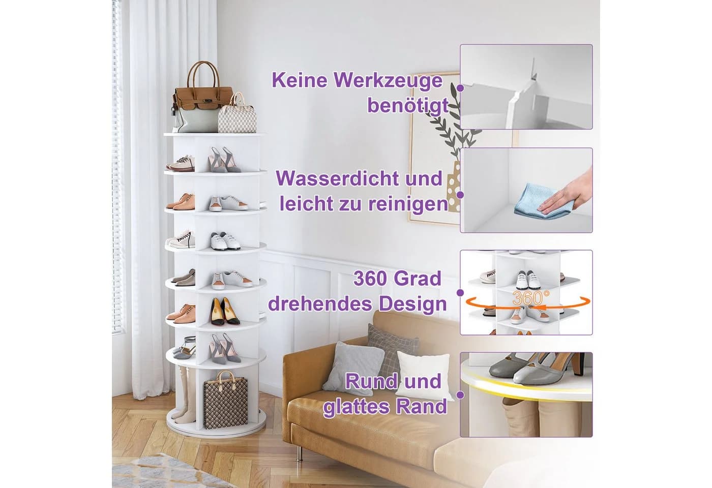 Odikalo Schuhschrank 7-stöckig mit 360°-Drehfunktion Weiß - Bild 5