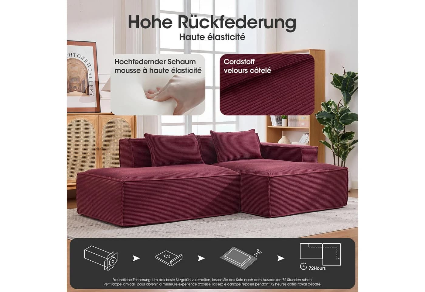 Odikalo 2-Sitzer Sofa mit Schlaffunktion und Kissen rot - Bild 5