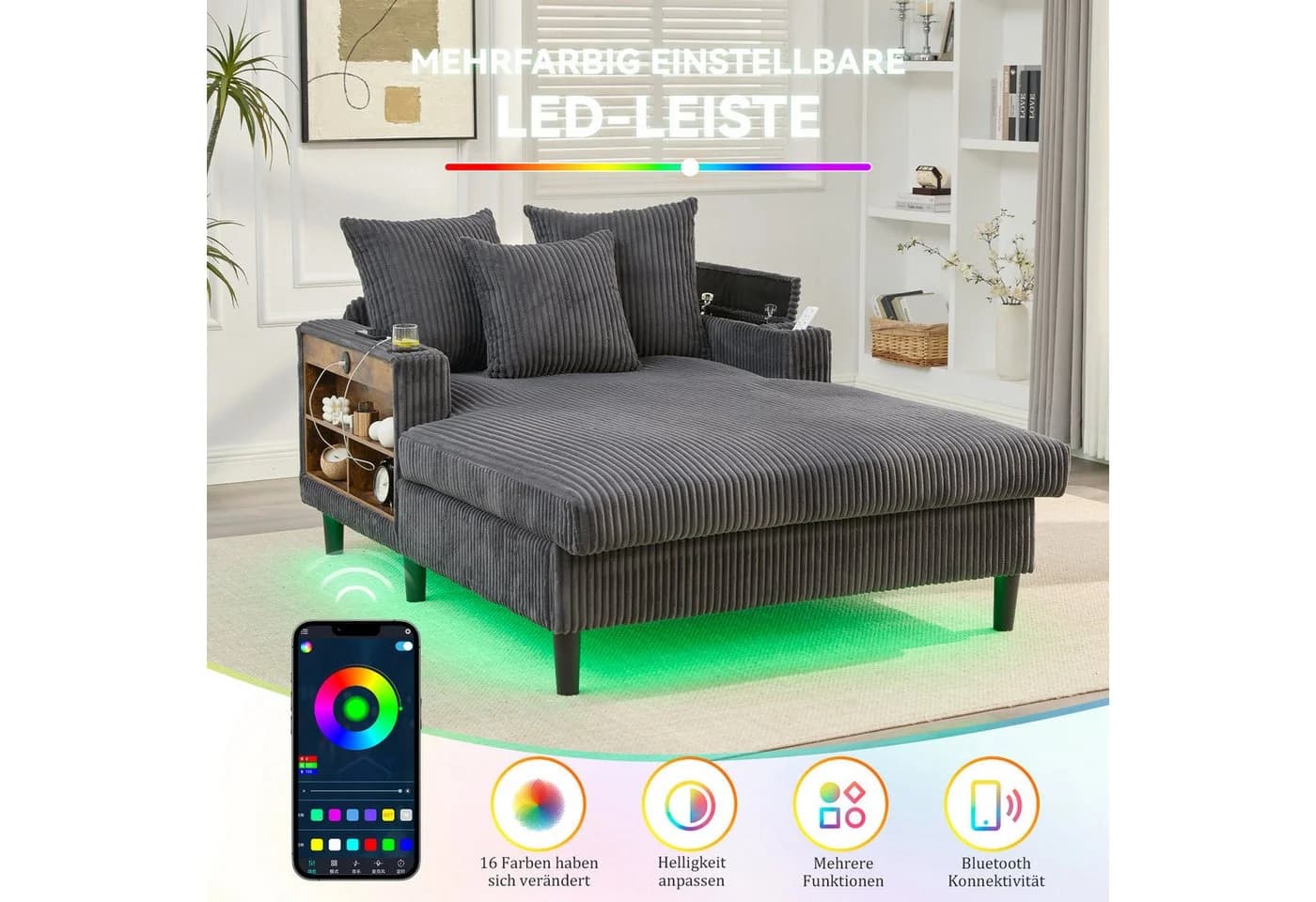 Odikalo Schlafsofa Chaiselongue Grau Samt USB - Bild 3