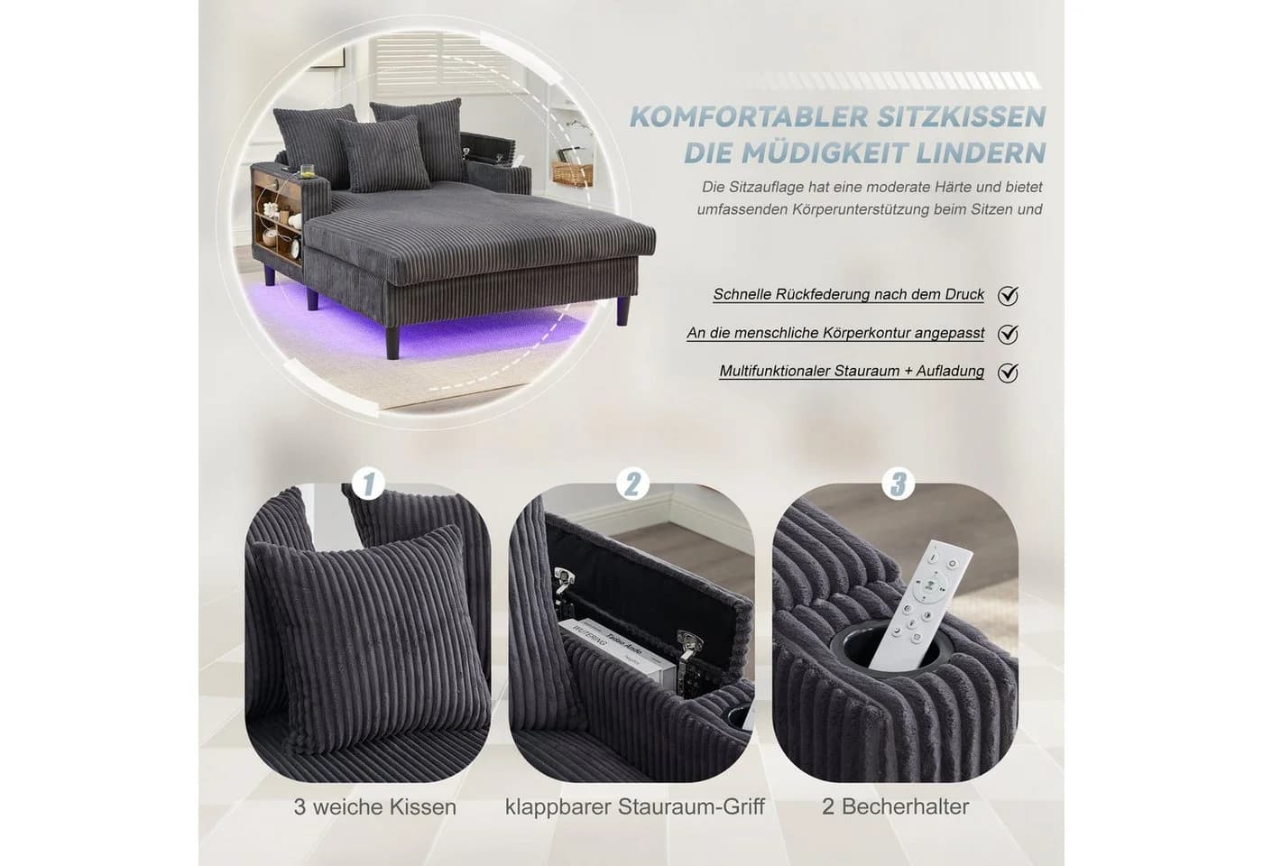 Odikalo Schlafsofa Chaiselongue Grau Samt USB - Bild 5