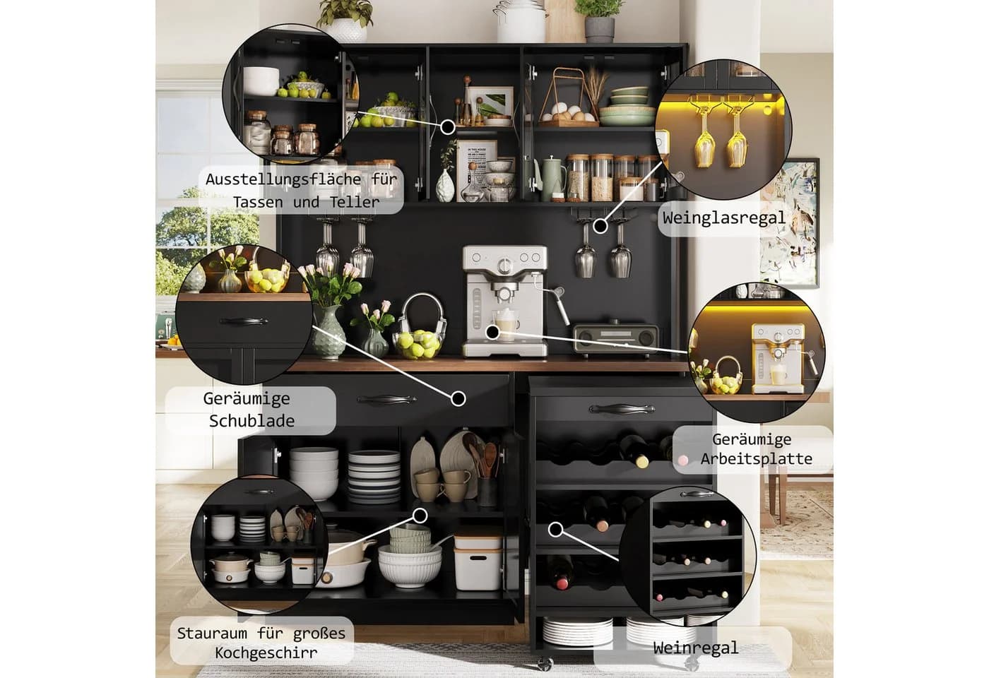Odikalo Küchenbuffet mit LED-Beleuchtung, Rollwagen & Weinregal - Bild 4