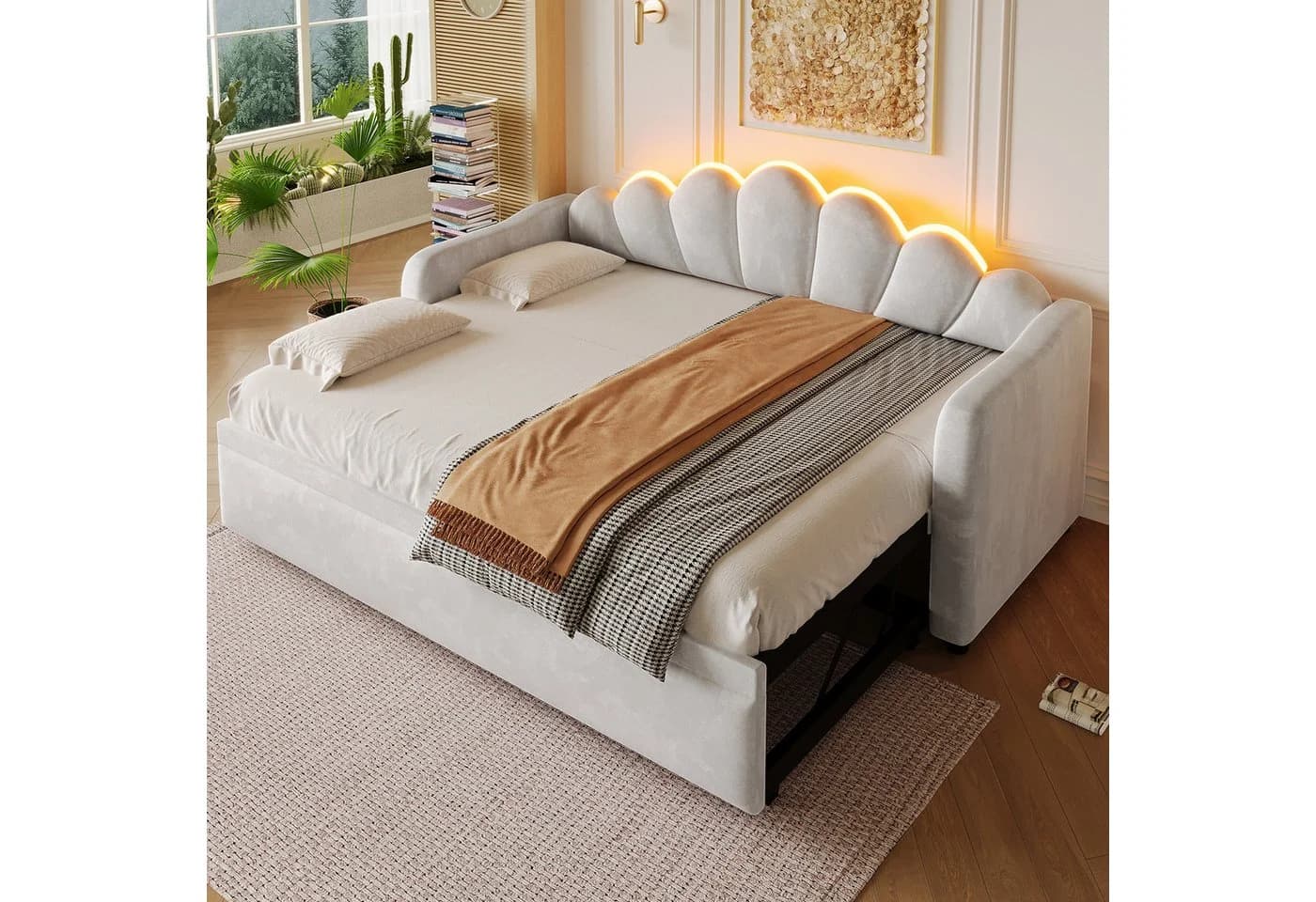 Odikalo Schlafsofa mit Ausziehbett & LED, Polster-Tagesbett Grau/Weiß