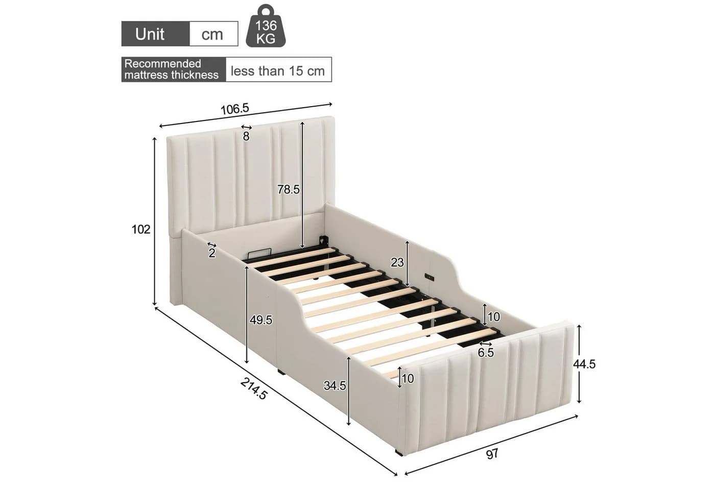 Odikalo Polsterbett 90x200 mit Bettkasten und Lattenrost Beige - Bild 3