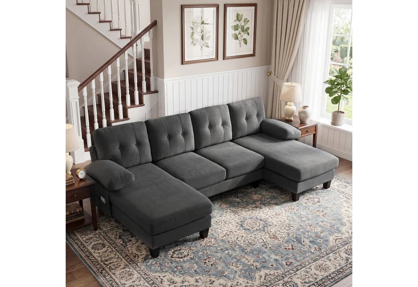 Odikalo Ecksofa 4-Sitzer Grau Chenille Schlaffunktion Chaiselongue