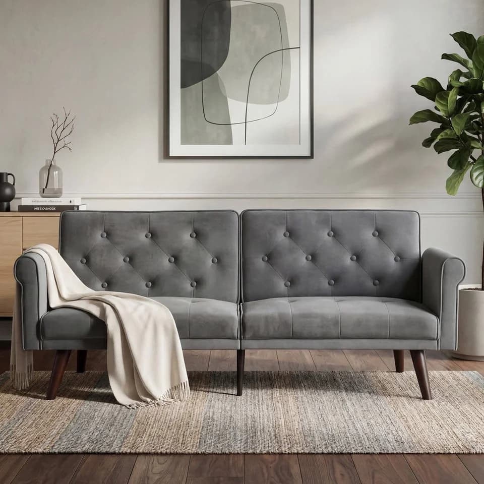 Odikalo 2-Sitzer Schlafsofa grau Samt mit Schlaffunktion - Bild 2