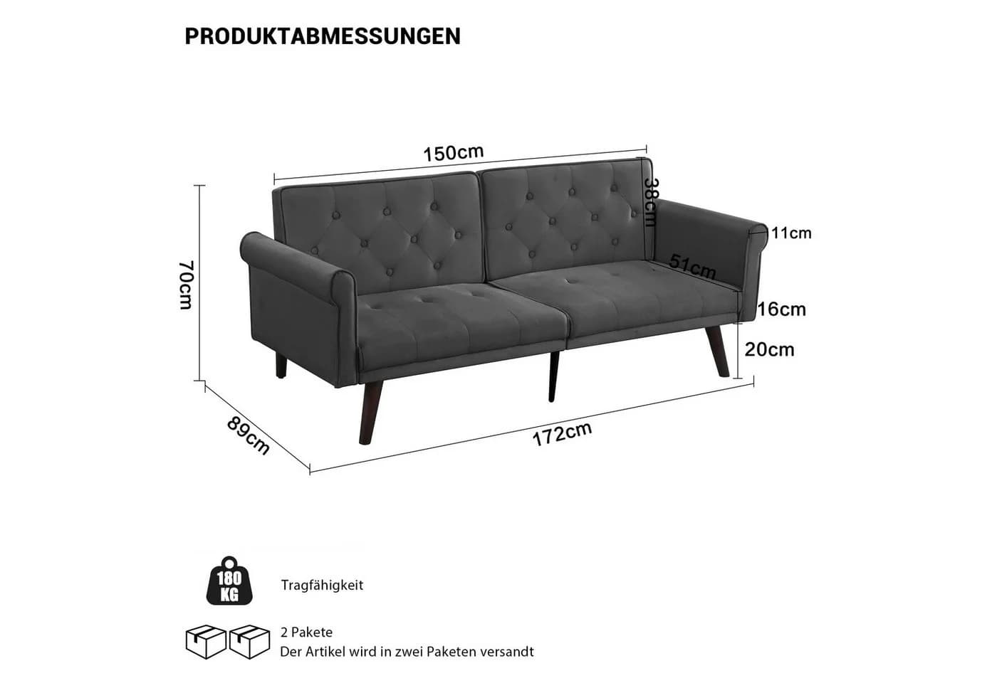 Odikalo 2-Sitzer Schlafsofa grau Samt mit Schlaffunktion - Bild 4