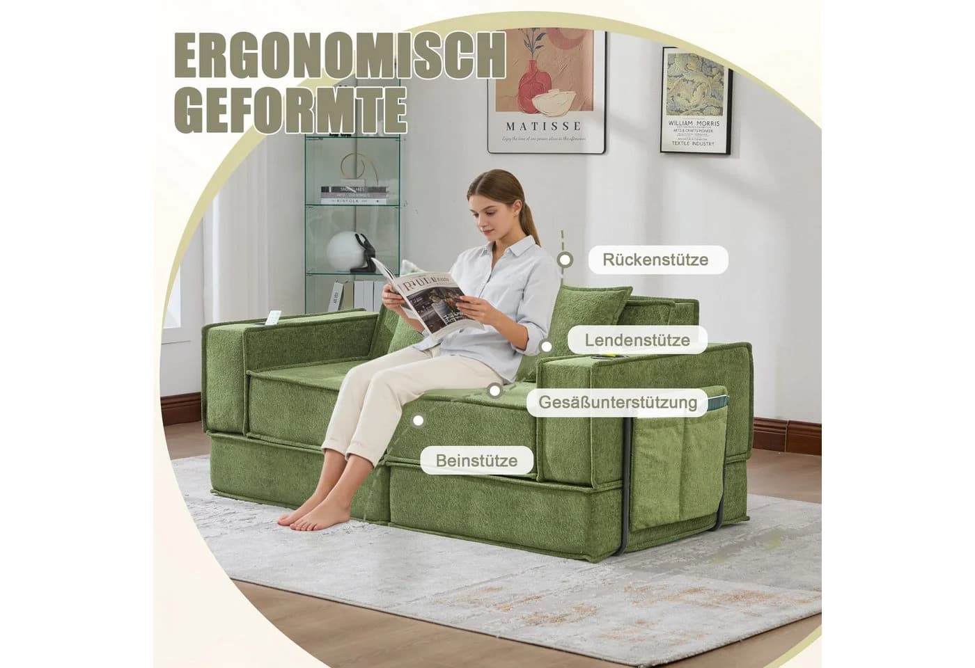 Odikalo 2-Sitzer Schlafsofa Grün mit Schlaffunktion & Stauraum - Bild 3