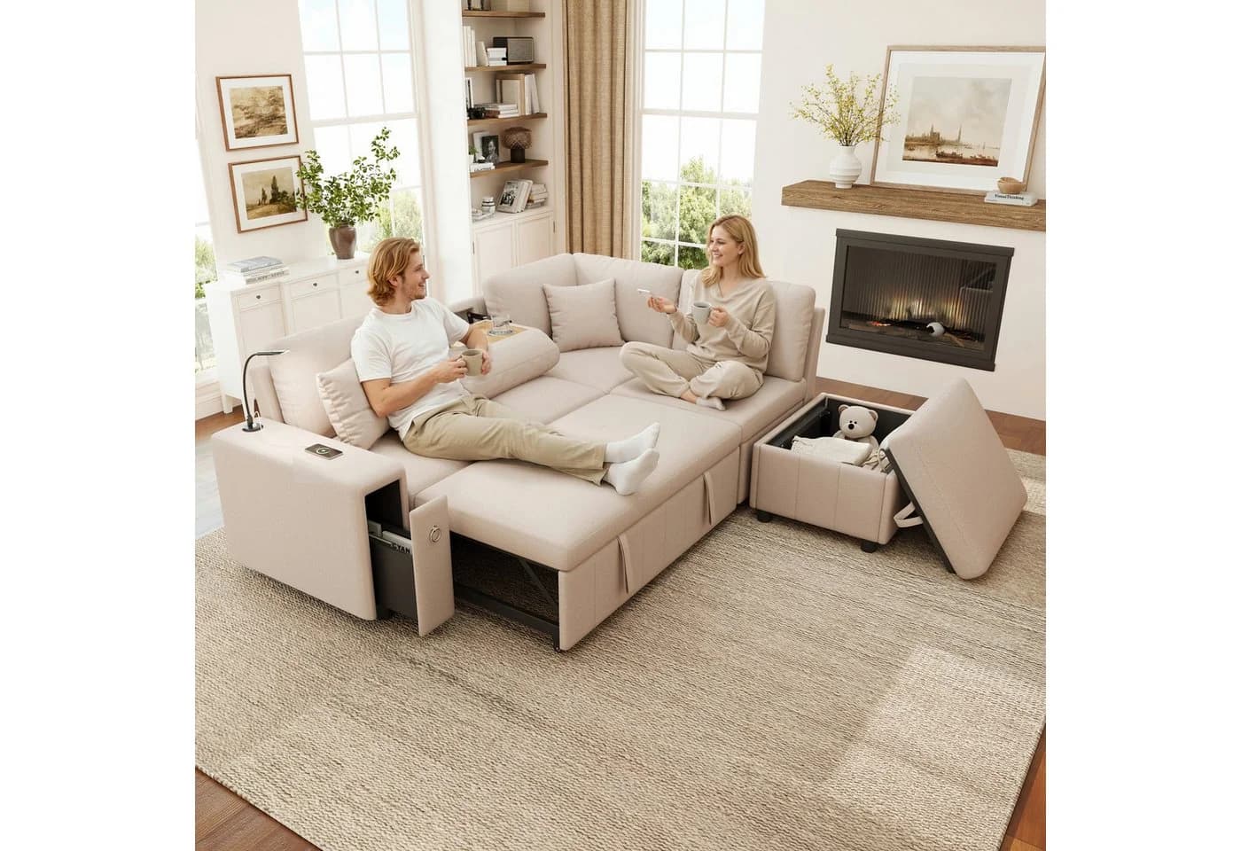 Ecksofa Schlafcouch L-Form Grau mit Stauraum & USB - Bild 2