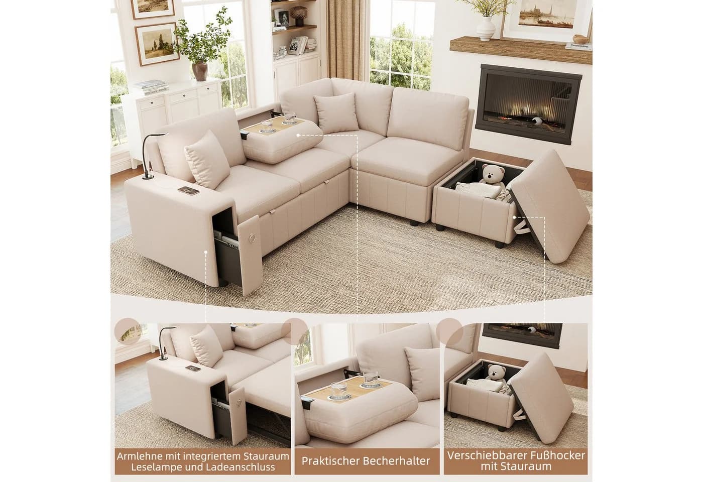 Ecksofa Schlafcouch L-Form Grau mit Stauraum & USB - Bild 5