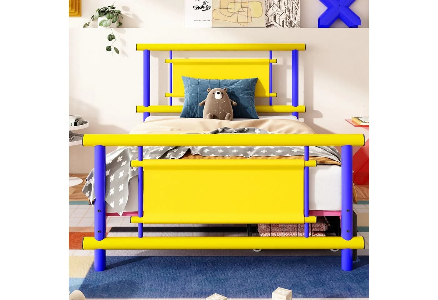 Odikalo Metallbett Kinderbett 90x200 mit Schubladen Blau/Rot