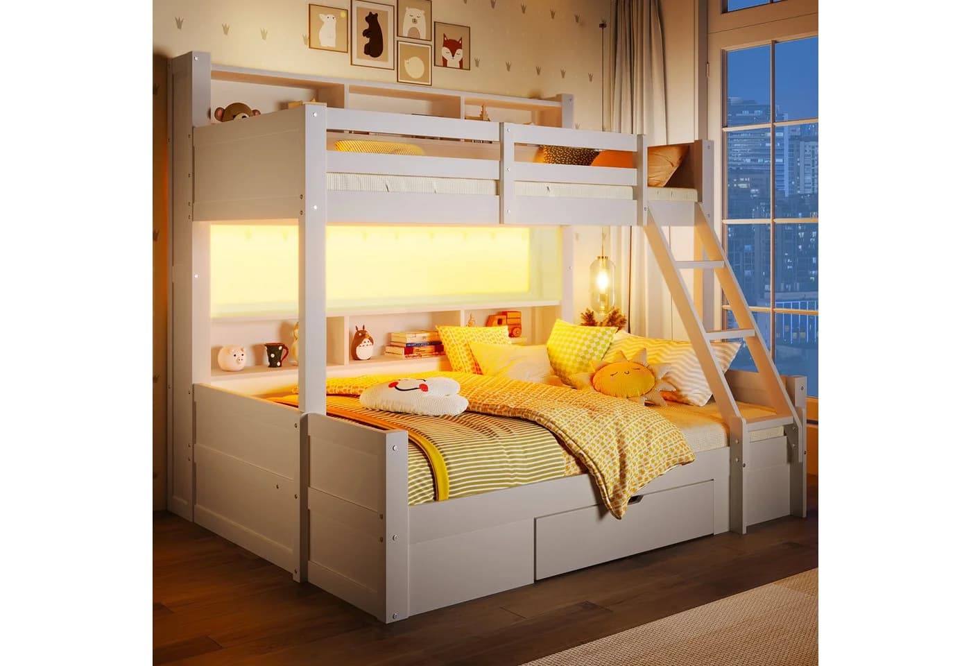 Odikalo Etagenbett mit LED, Stauraum & Schublade Weiß