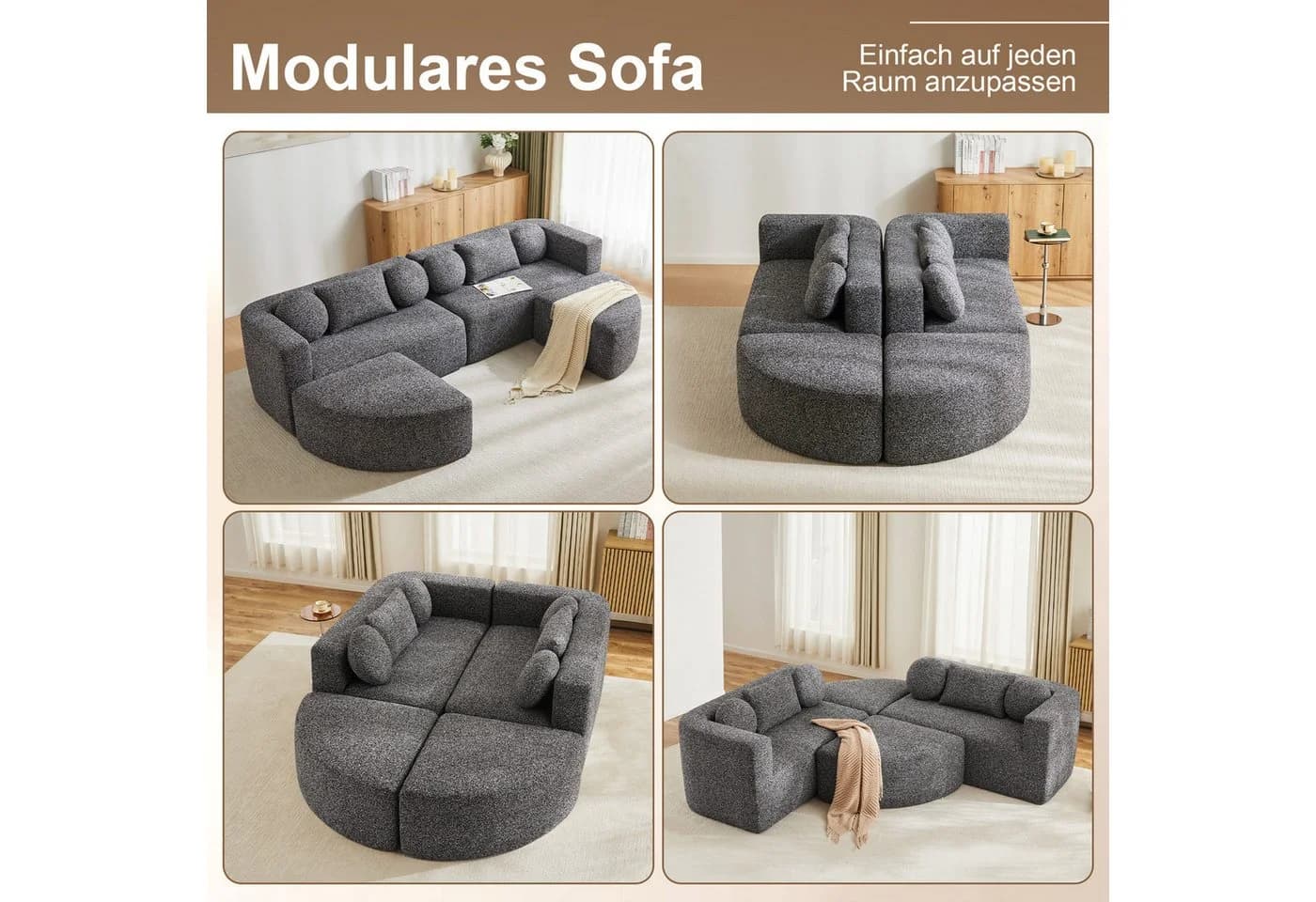 Odikalo Modulares Schlafsofa mit Schlaffunktion Chenille Schwarz