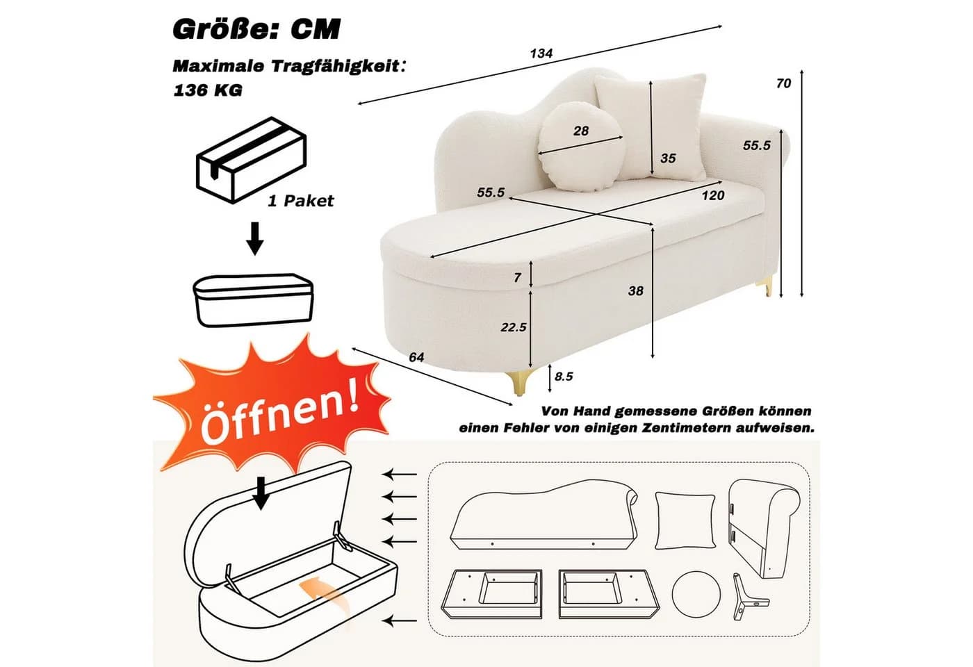 Odikalo Chaiselongue Relaxsessel mit Stauraum & Schlaffunktion Beige - Bild 4