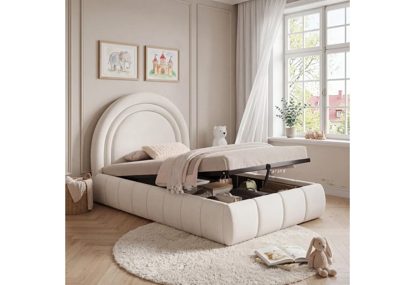 Odikalo Polsterbett Kinderbett Beige Rosa mit Stauraum