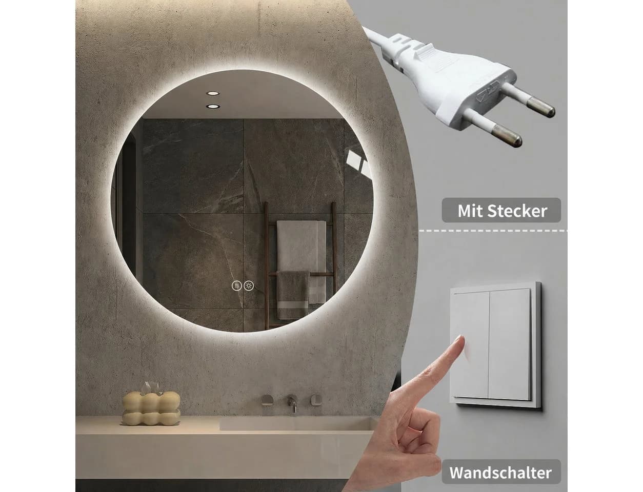 Odikalo Runder Badspiegel mit LED Hintergrundbeleuchtung Silber - Bild 5