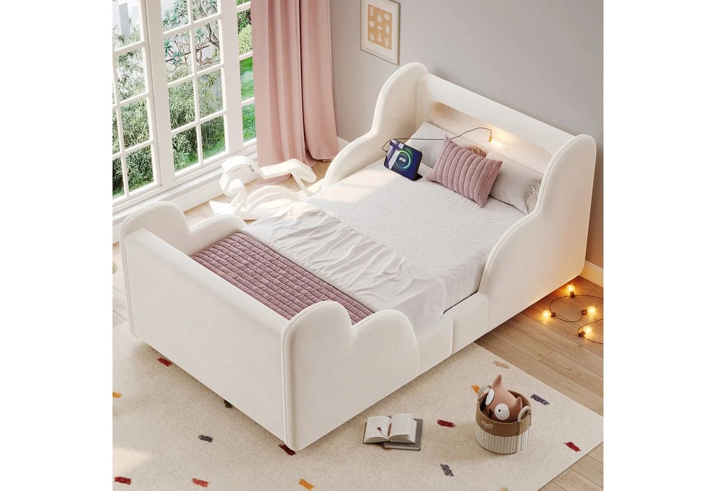 Odikalo Kinderbett 90x200 Polsterbett mit Schutzgeländer, Nachtlicht & USB