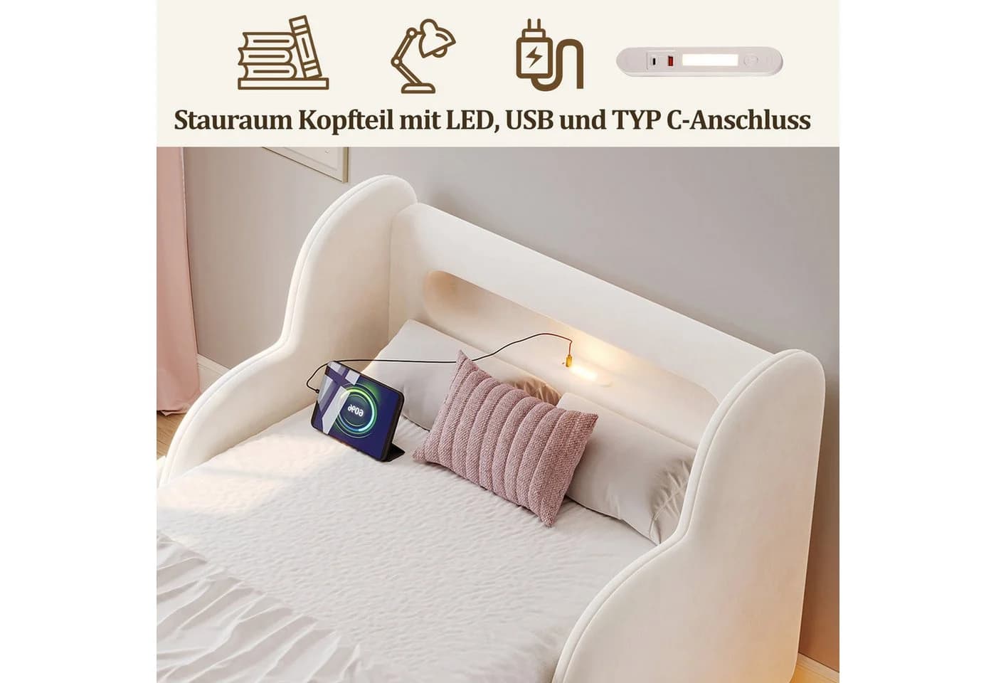 Odikalo Kinderbett 90x200 Polsterbett mit Schutzgeländer, Nachtlicht & USB - Bild 4