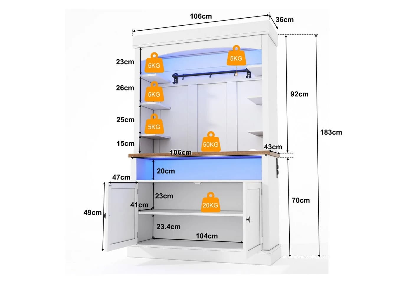 Odikalo Küchenbuffet Hochschrank Weiß mit LED und Steckdose - Bild 3