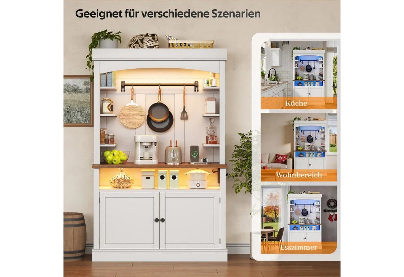 Odikalo Küchenbuffet Hochschrank Weiß mit LED und Steckdose - Bild 4