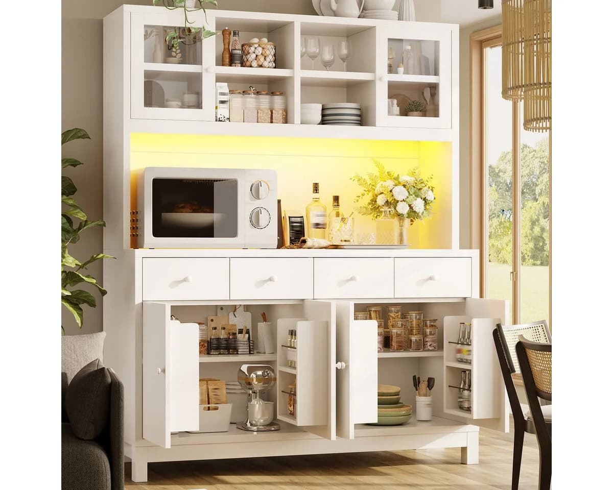 Odikalo Küchenbuffet mit App-LED, Glastüren & 4 Schubladen, Weiß